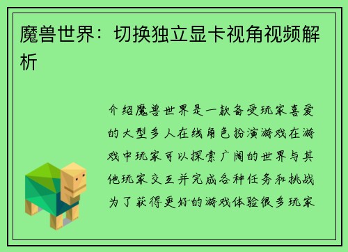 魔兽世界：切换独立显卡视角视频解析
